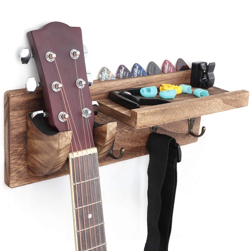 Bikoney Wall Mount Guitar Hanger Shelf with Pick Holder and 3 Hooks - Carbonized Black Guitar Holder for Acoustic, Electric, Bass, Ukulele [U.S. Patent] - Image 1
